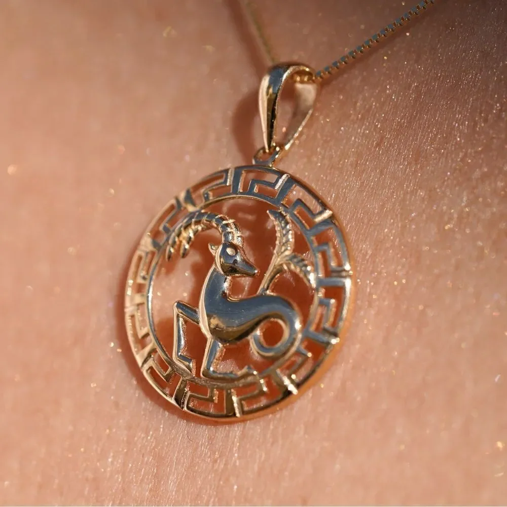 14K Solid Gold Round Capricorn Zodiac Sign Charm | Elegant Astrology Pendant |